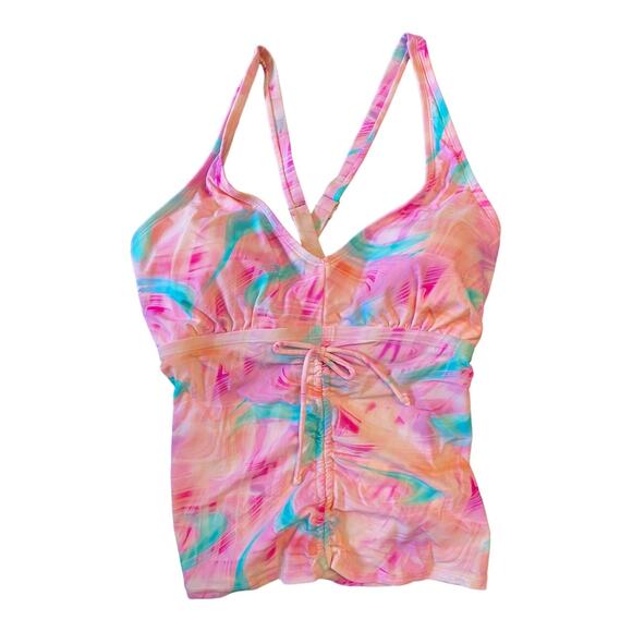 California Waves Trendy Tie-Dye Drawstring Tankini Top Multi Pink Size 20/22 - Picture 4 of 10